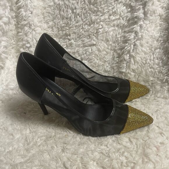 Liliana synthetic Black mesh and Gold Rhinestones slip on Heels SZ11 - Picture 1 of 9